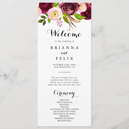 Rustikales Blush Burgund Blumenzwiebelprogramm Programm (Vorderseite)