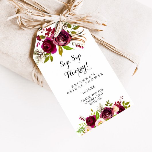 Rustikales Blush Burgund Sip Hooray Brautparty Geschenkanhänger