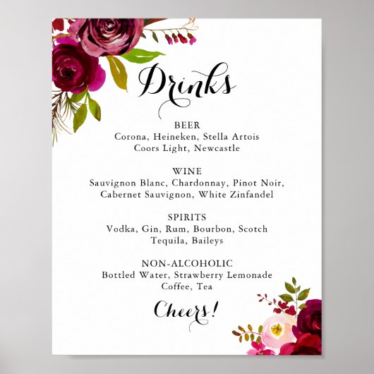 Rustikales Blush Burgundy Wedding Drinks Menü Zeic Poster (Vorne)