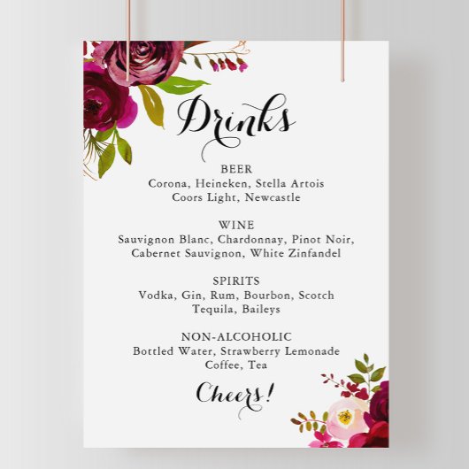 Rustikales Blush Burgundy Wedding Drinks Menü Zeic Poster