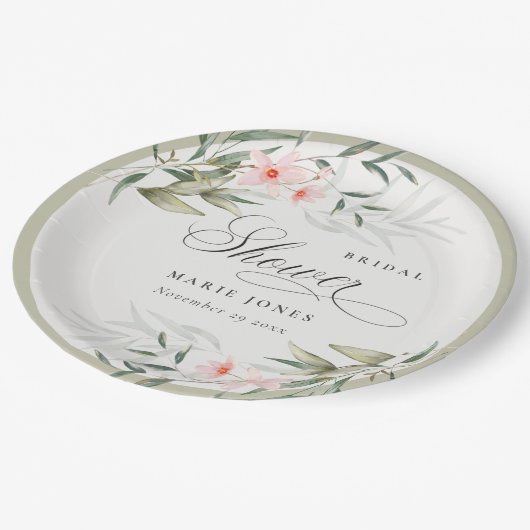 Rustikales Blush Greenery Blumenbunch Brautparty Pappteller (Schrägansicht)