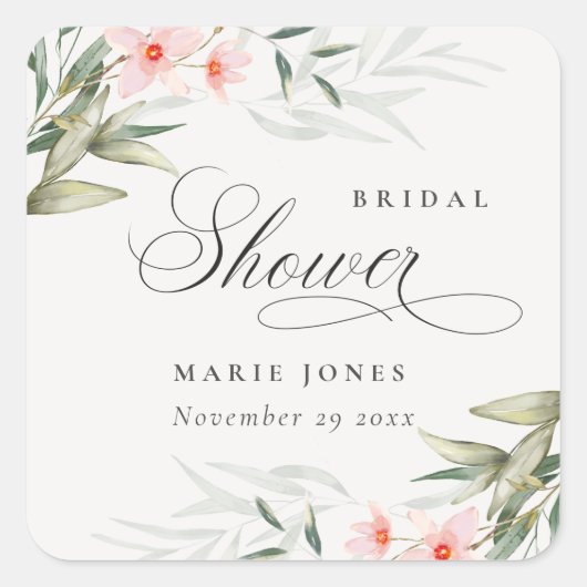 Rustikales Blush Greenery Blumenbunch Brautparty Quadratischer Aufkleber (Vorderseite)