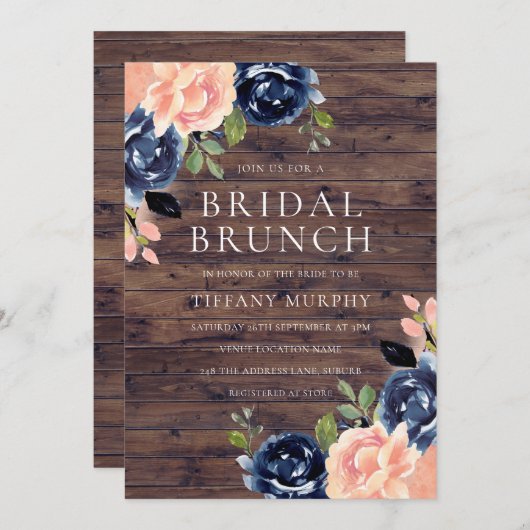 Rustikales Blush Navy Blues Brautparty Brunch Einladung (Vorne/Hinten)