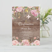 Rustikales Blush Pink Floral & Gold Cross Bestätig Einladung (Stehend Vorderseite)