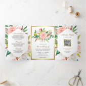 Rustikales Blush Pink Floral Gold QR Code Hochzeit Dreifach Gefaltete Einladung (Innenseite)