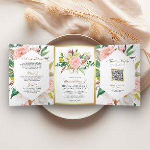 Rustikales Blush Pink Floral Gold QR Code Hochzeit Dreifach Gefaltete Einladung