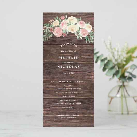 Rustikales Blush Pink Floral Wedding Programm (Stehend Vorderseite)