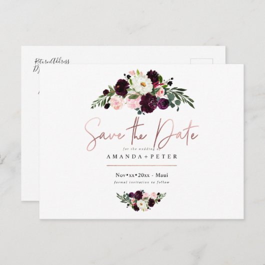 Rustikales Blut, Burgund-Blume Save the Date Postkarte (Vorne/Hinten)