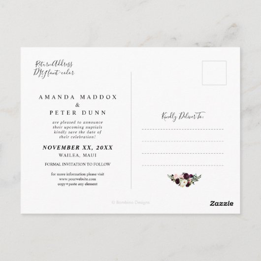 Rustikales Blut, Burgund-Blume Save the Date Postkarte (Rückseite)