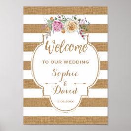 Rustikales Blütenburlap Stripes Wedding WELCOME SI Poster