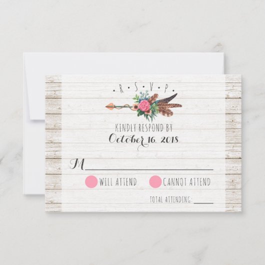 Rustikales Bohemisch Feathers Arrow Wedding RSVP Karte (Vorderseite)