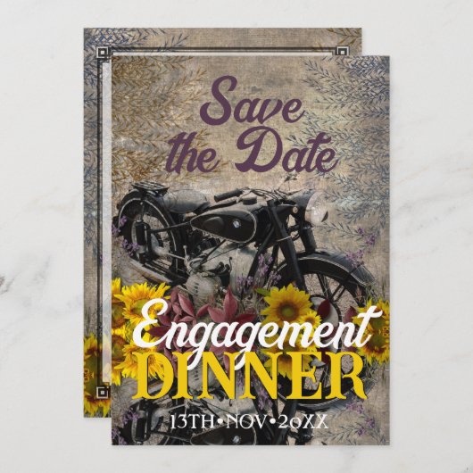 Rustikales Bohemisches Sonnenblumen Motorrad Abend Einladung (Vorne/Hinten)