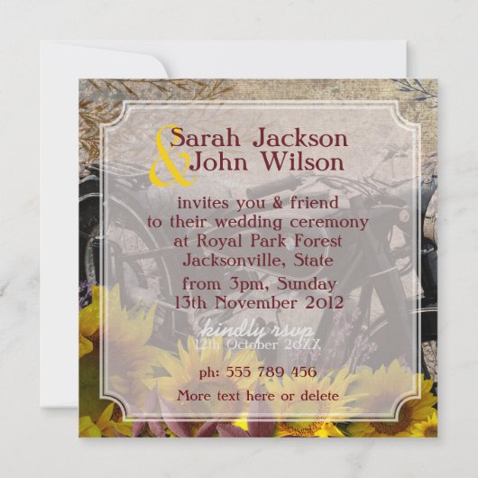 Rustikales Bohemisches Sonnenblumen Motorrad-Dinne Einladung (Rückseite)