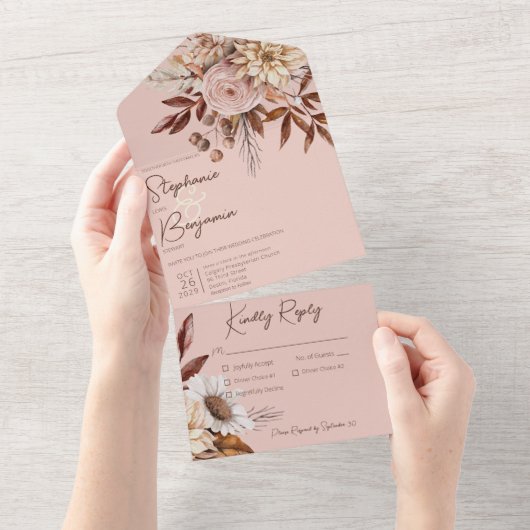 Rustikales Boho Blush Neutrals Blumenrosa Abendess All In One Einladung (Abreißen)