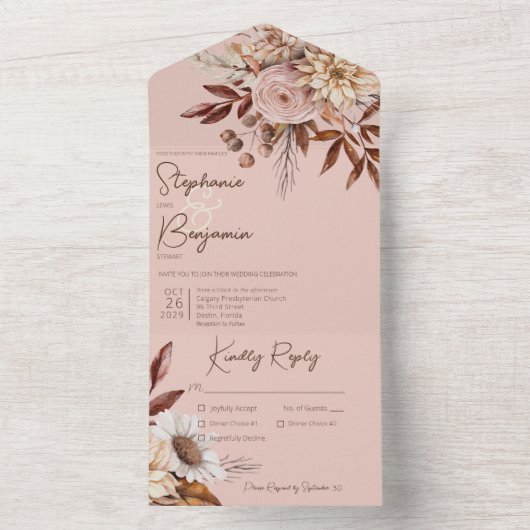 Rustikales Boho Blush Neutrals Blumenrosa Abendess All In One Einladung (Innen Boden)