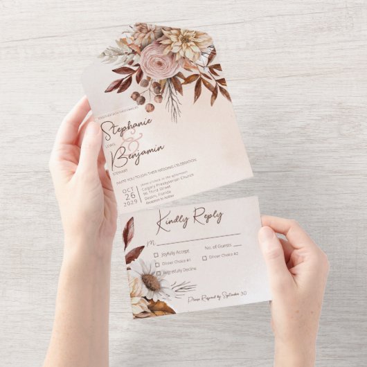 Rustikales Boho Blush Neutrals Tan Dinner All In One Einladung (Abreißen)