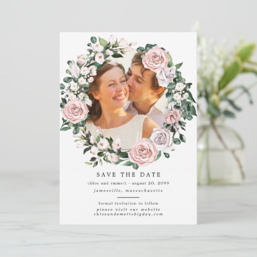 Rustikales Boho Botanical Wreath Foto Wedding Save The Date (Stehend Vorderseite)