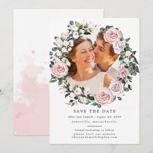 Rustikales Boho Botanical Wreath Foto Wedding Save The Date (Vorne/Hinten)