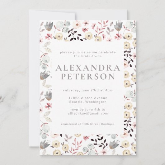 Rustikales Boho Botanisches Weißgraues Brautparty Einladung (Vorderseite)