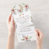 Rustikales Boho Burgundy Blumenstars Moon Babydusc All In One Einladung (Abreißen)