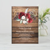 Rustikales Boho Burgundy & White Roses Antlers Wed Einladung (Stehend Vorderseite)