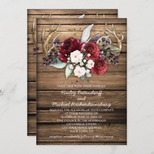 Rustikales Boho Burgundy & White Roses Antlers Wed Einladung (Vorne/Hinten)
