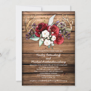 Rustikales Boho Burgundy & White Roses Antlers Wed Einladung
