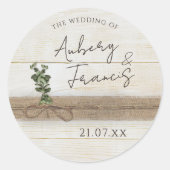 Rustikales Boho Burlap Floral Wood Eukalyptus Wedd Runder Aufkleber (Vorderseite)