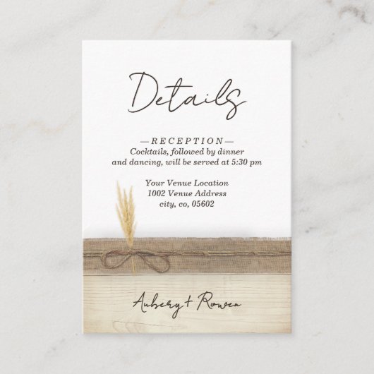 Rustikales Boho Burlap Wood Pampass Hochzeitsdetai Begleitkarte (Vorderseite)
