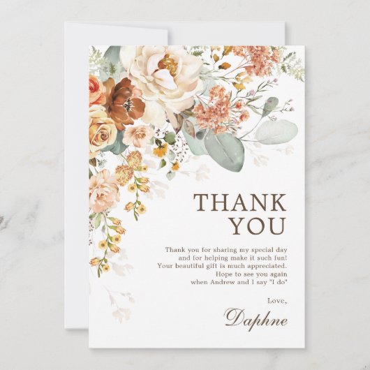 Rustikales Boho Burnt Orange Brautparty Dankeskarte (Vorderseite)