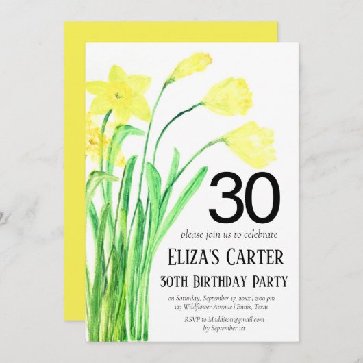 Rustikales Boho Daffodil 30. Floral Elegant Geburt Einladung (Vorne/Hinten)
