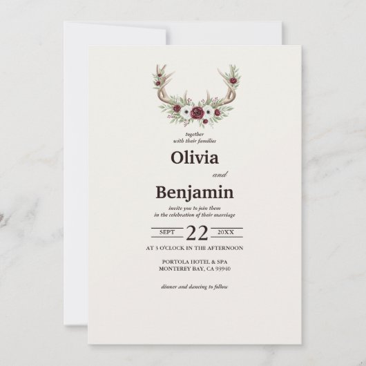Rustikales Boho Deer Antlers Hochzeit Einladung (Vorderseite)