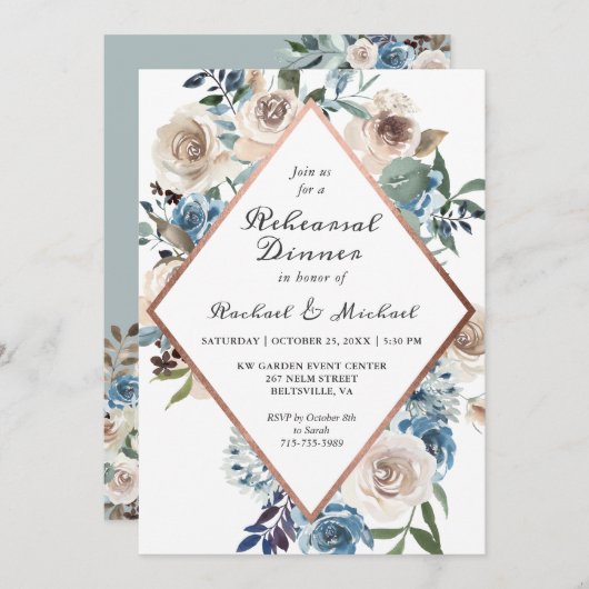 Rustikales Boho Dusty Blue Floral Probe Dinner Einladung (Vorne/Hinten)