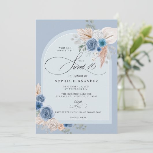 Rustikales Boho Dusty Blue Pampas Sweet 16 Einladung (Stehend Vorderseite)