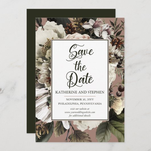Rustikales Boho Dusty Pink Floral Bouquet Save The Date (Vorne/Hinten)