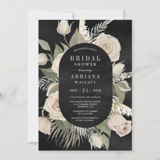 Rustikales Boho Elfenbeinküste Rose zeigen schwarz Einladung (Vorderseite)