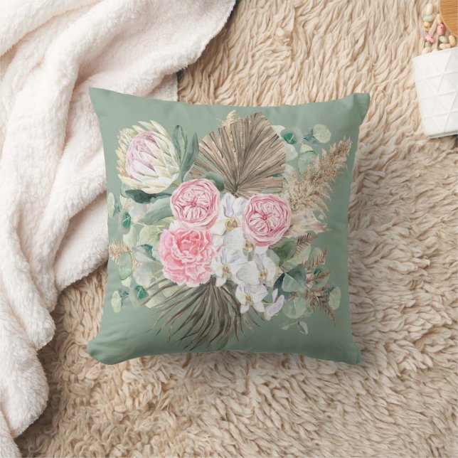 Rustikales Boho Evergreen Pink Floral Pampas Grüne Kissen (Decke)