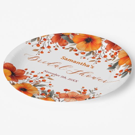 Rustikales Boho Fall Orange Floral Berry Brautpart Pappteller (Schrägansicht)