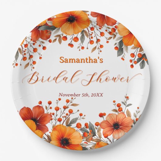 Rustikales Boho Fall Orange Floral Berry Brautpart Pappteller (Vorderseite)