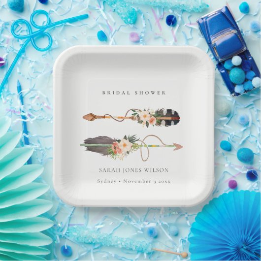 Rustikales Boho Feather Floral Arrow Brautparty Pappteller (Party)