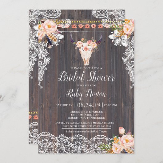 Rustikales Boho Floral and String Lights Brautpart Einladung (Vorne/Hinten)