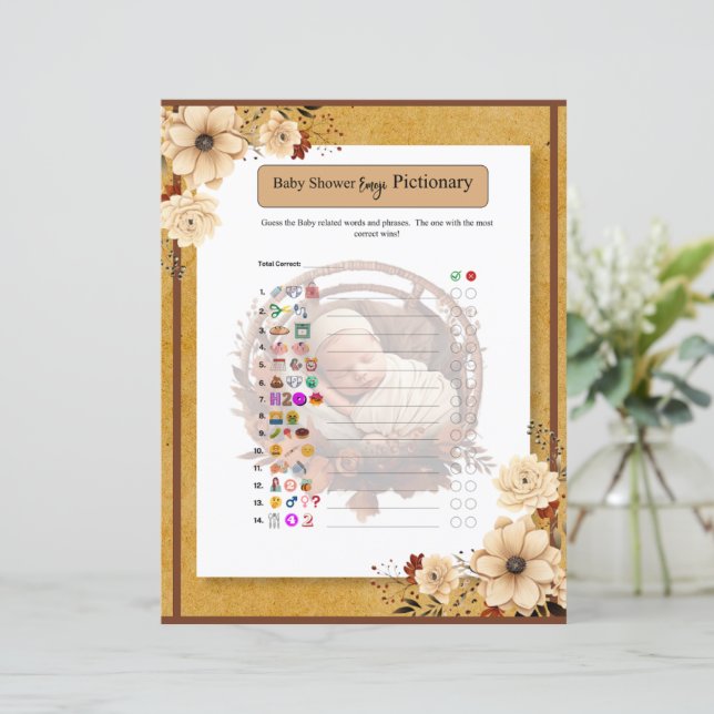 Rustikales Boho Floral Baby Dusche Emoji Spiel (Stehend Vorderseite)