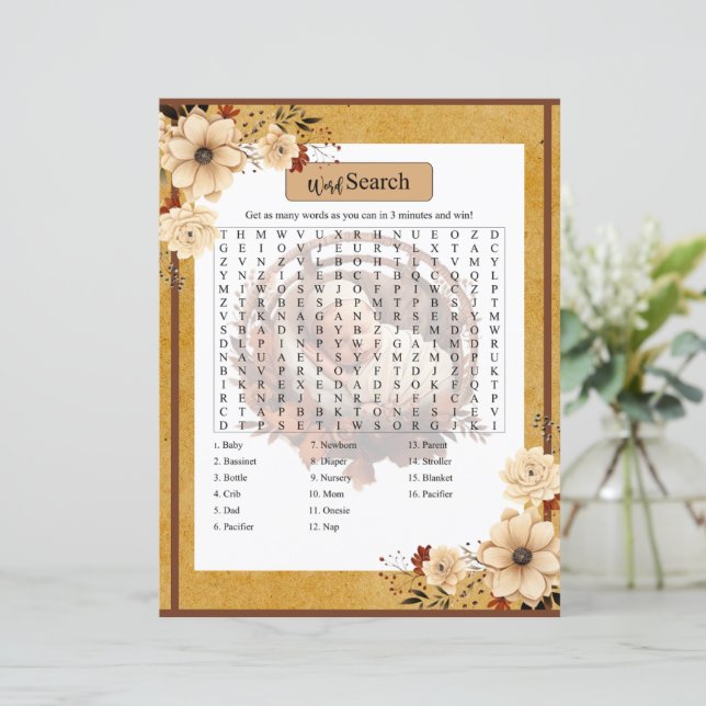 Rustikales Boho Floral Baby Dusche Word Search Gam (Stehend Vorderseite)