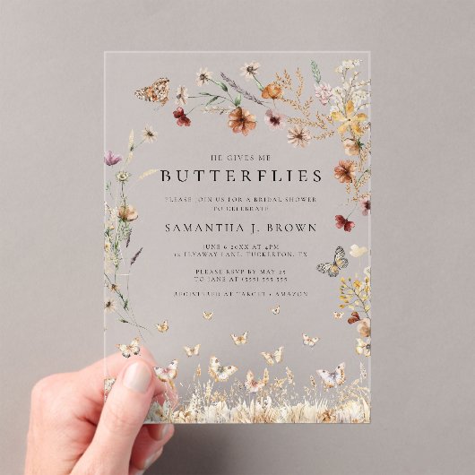 Rustikales Boho Floral Butterfett Brautparty Acryleinladungen (Insitu (Handheld))