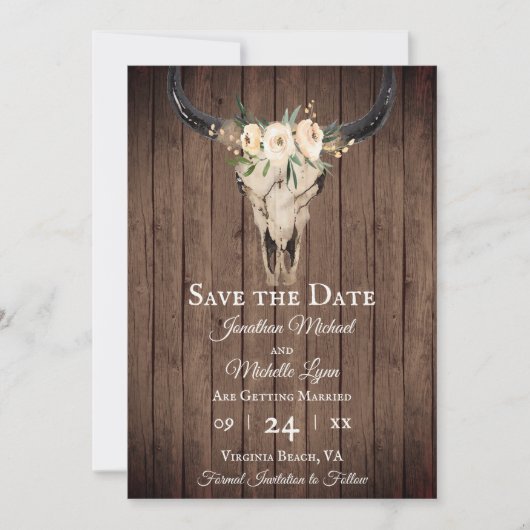 Rustikales Boho Floral Cow Skull auf Barnwood Wedd Save The Date (Vorderseite)