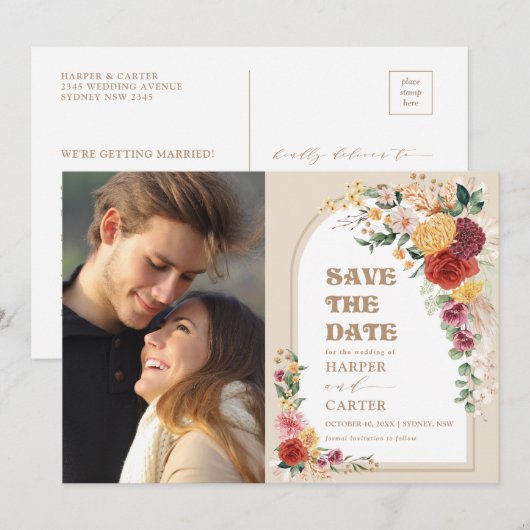 Rustikales Boho Floral Pampas Save the Date Foto (Vorne/Hinten)