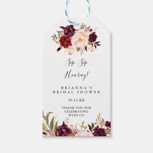 Rustikales Boho Floral Sip Hooray Brautparty Geschenkanhänger (Vorderseite)
