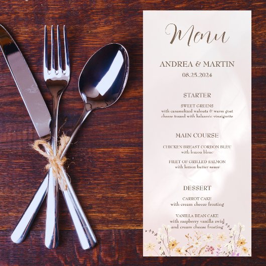 Rustikales Boho Floral Wedding Flat Menu Menükarte