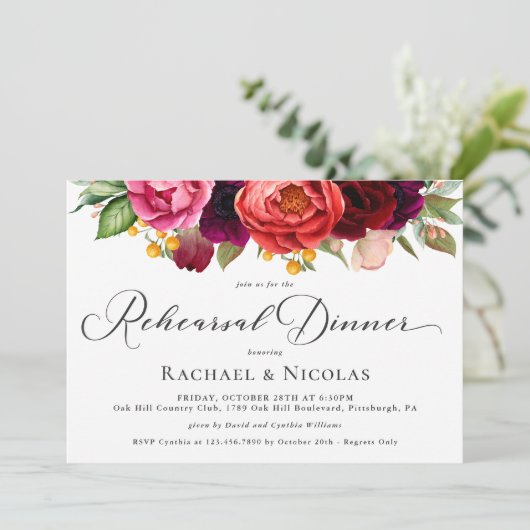 Rustikales Boho Floral Wedding Probe Dinner Einladung (Stehend Vorderseite)