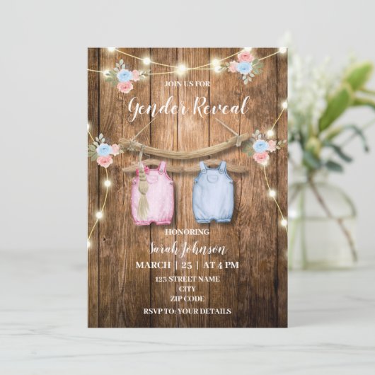 Rustikales boho Geschlecht offenbart Party Einladung (Stehend Vorderseite)